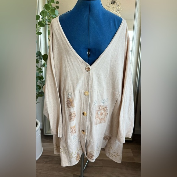 Blue Fish Clothing Cream Beige Art Hand Painted Button Down Cardigan - Picture 2 of 13